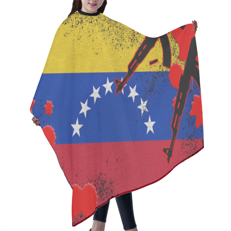 Personality  Venezuela Flag And Guns In Red Blood. Concept For Terror Attack And Military Operations. Gun Trafficking Hair Cutting Cape