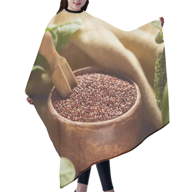 Personality  Close Up View Of Red Quinoa In Wooden Bowl With Spatula Near Beige Napkin And Green Vegetables Hair Cutting Cape