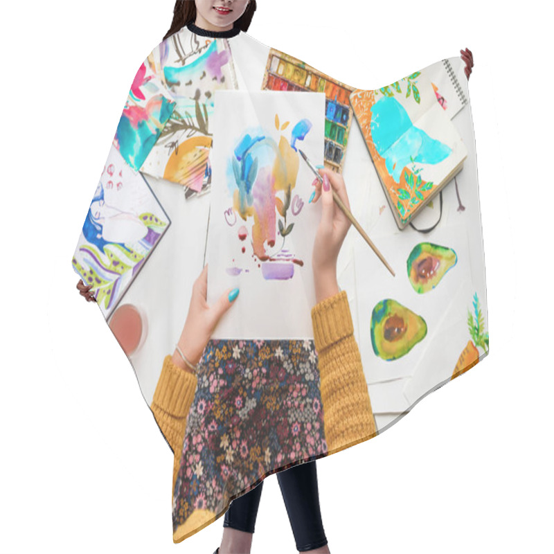 Personality  Top View Of Woman Holding Drawing On Knees And Painting In It With Watercolors Paints While Surrounded By Colored Pictures Hair Cutting Cape