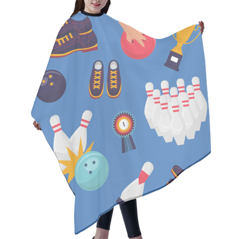 Personality  Bowling Game Vector Pattern On Blue Background. Flat Design Of Sport Shoes, Ten Skittles, Striking Ball, A Hand Holding A Ball, Winner Medal And Goblet. Hair Cutting Cape