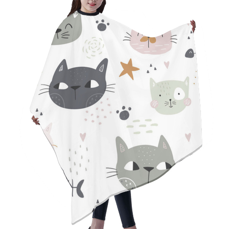 Personality  Seamless Childish Pattern With Cute Cats. Creative Kids Hand Drawn Texture For Fabric, Wrapping, Textile, Wallpaper, Apparel. Vector Illustration Hair Cutting Cape