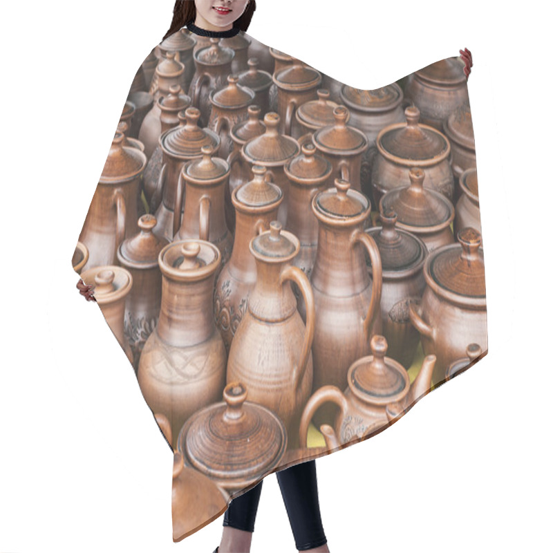 Personality  Pottery, Earthenware, Clayware, Crockery, Stoneware. A Large Container, Typically Earthenware,  With A Handle And A Lip, Used For Holding And Pouring Liquids. Hair Cutting Cape