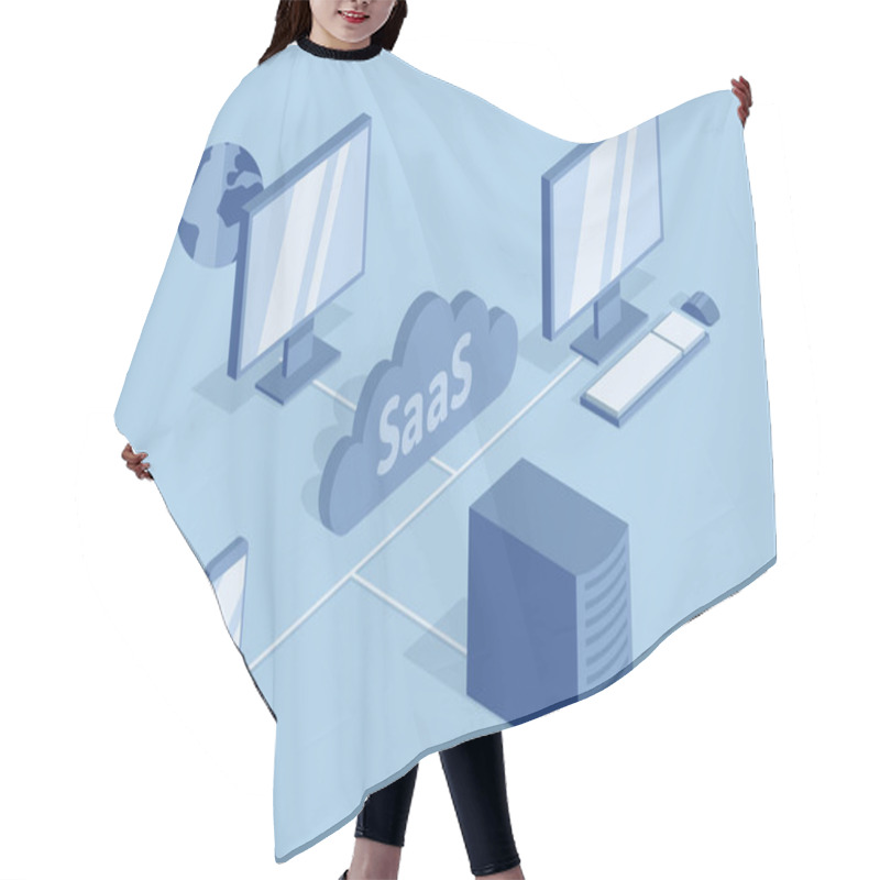 Personality  Concept Of SaaS, Software As A Service. Cloud Software On Computers, Mobile Devices, Codes, App Server And Database. Vector Isometric Illustration Isolated On Blue Background. Hair Cutting Cape