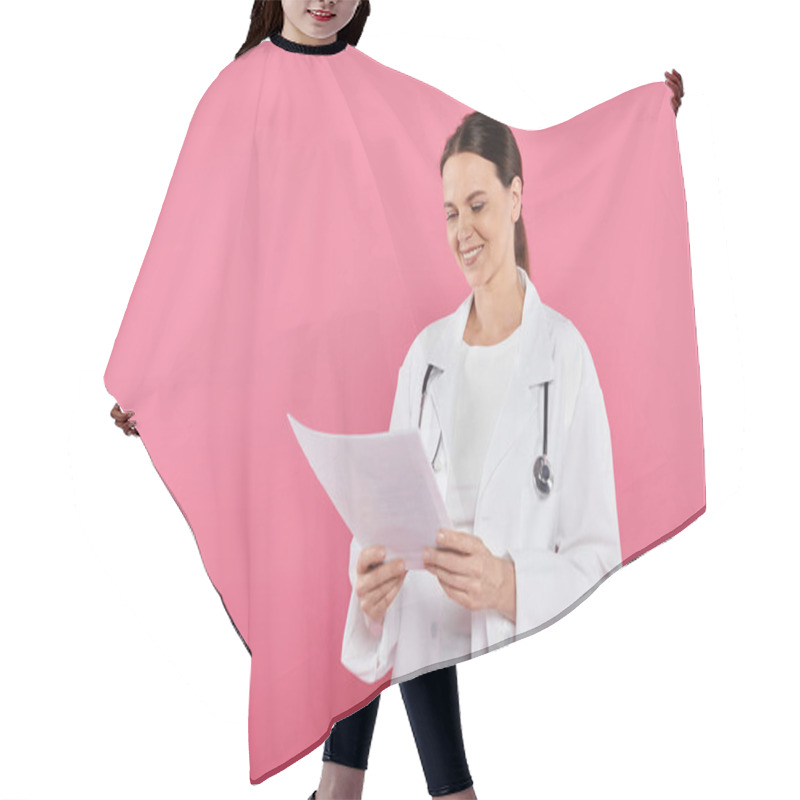 Personality  Breast Cancer Awareness, Female Doctor, Happy Oncologist Looking At Mammogram, Pink Backdrop Hair Cutting Cape