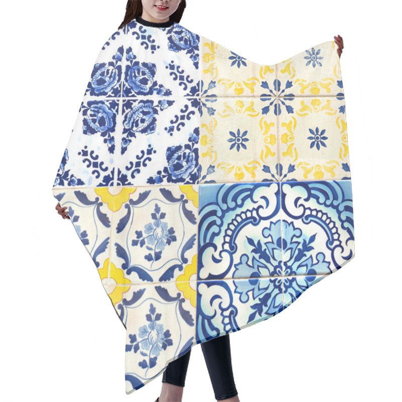 Personality  Photograph Of Four Traditional Portuguese Tiles With Blue And Yellow Colours Hair Cutting Cape