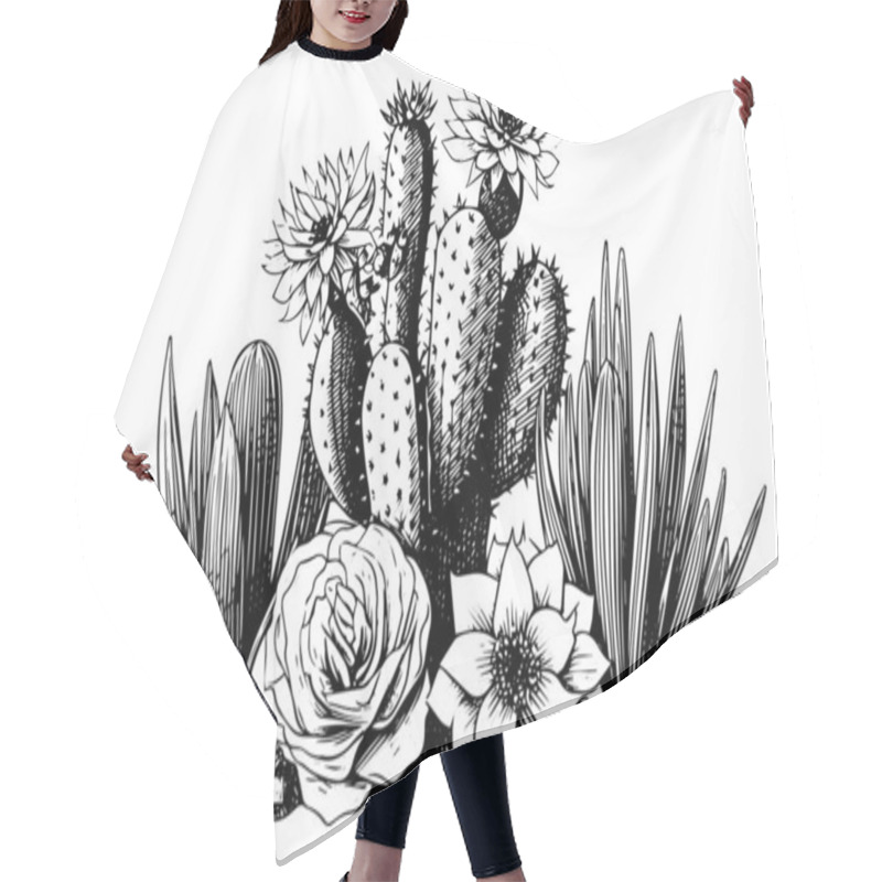 Personality  Set Of Cactus In Engraving Style Vector Illustration.Cactus Hand Drawn Sketch Imitation Hair Cutting Cape