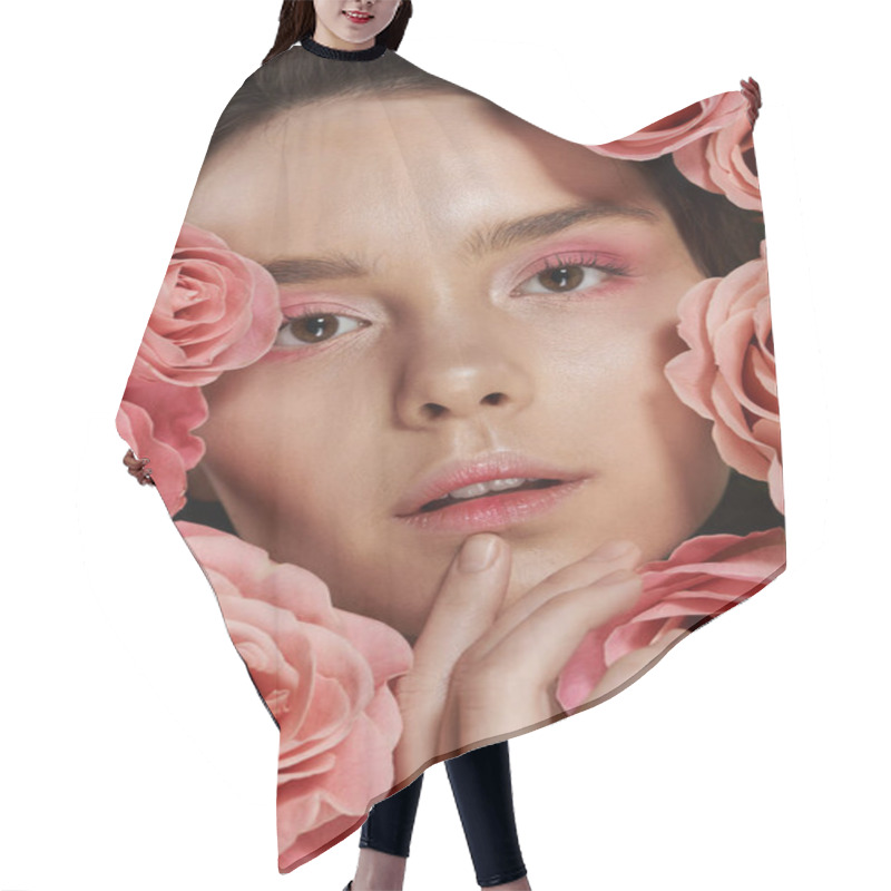 Personality  A Womans Face Framed By Soft Pink Roses, Creating A Delicate And Ethereal Image. Hair Cutting Cape