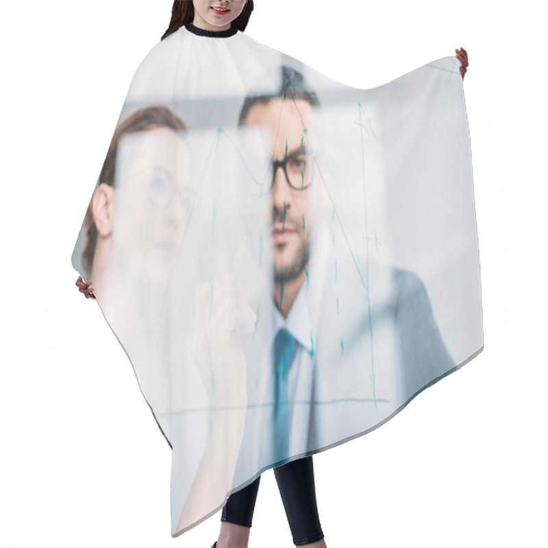 Personality  Confident Businesspeople Drawing Graphs On Glass Presentation Board Hair Cutting Cape