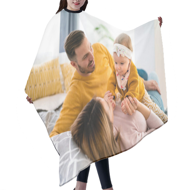 Personality  Happy Family, Mother, Father And Daughter Resting And Having Fun Home Hair Cutting Cape