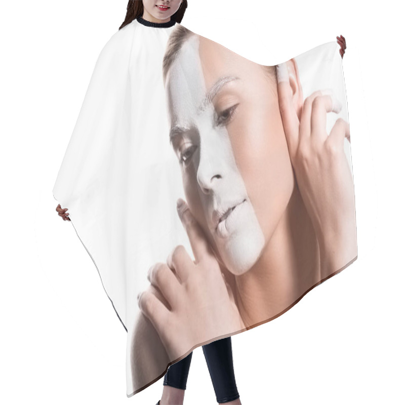 Personality  Sensual Beautiful Woman With White Paint On Face Isolated On White, Body Art Hair Cutting Cape