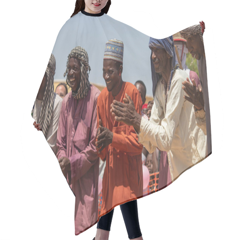 Personality  African Tribes, Nigeria, Borno State, Maiduguri City. Fulani Tribe Members Traditionally Dressed In Tribal Dance Ceremony, Dressed In Colorful Clothing In So Caled Dance With A Mirror Hair Cutting Cape