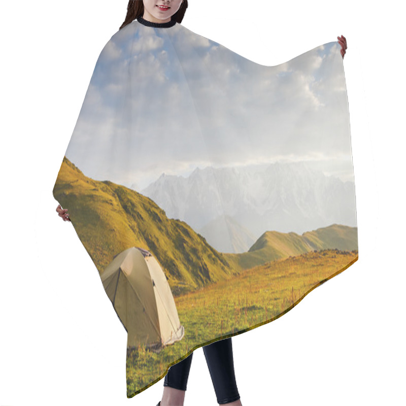 Personality  Tourist Tent In Camp On  Meadow  Hair Cutting Cape