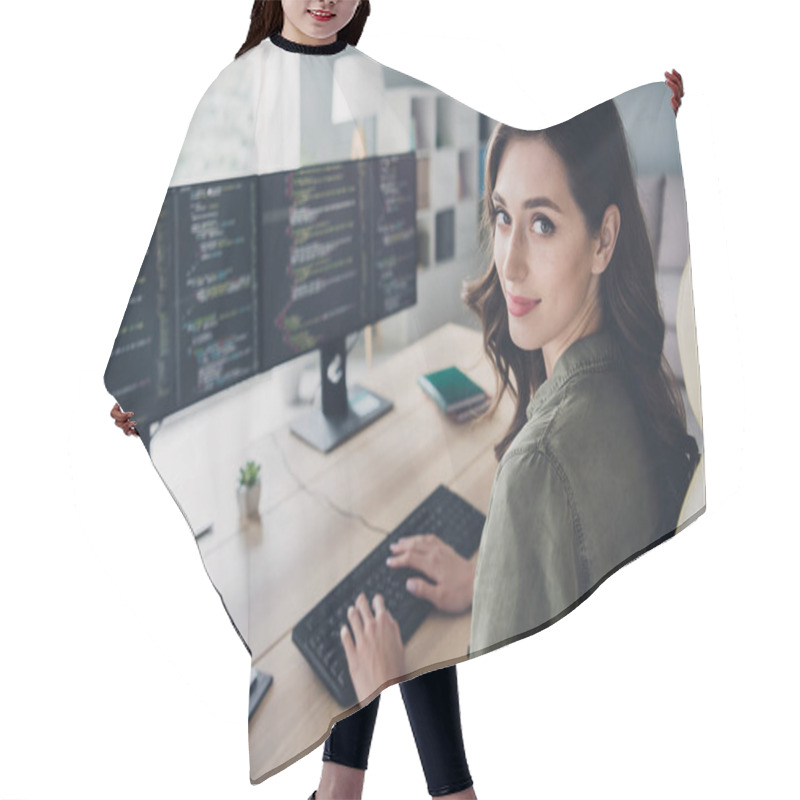 Personality  Profile Side Photo Of Successful Employee Lady Hardware Expert Hand Keyboard Fix Bugs Failure System Error 404 Indoor Room Workstation. Hair Cutting Cape