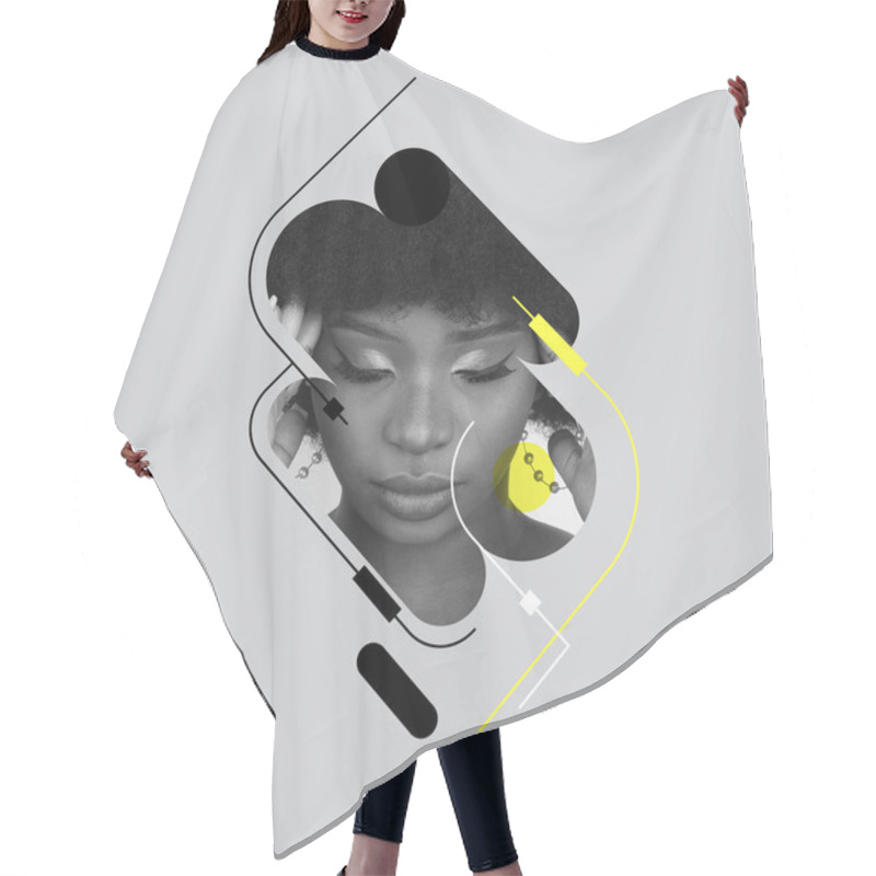 Personality  Calm, Depression. Young Girls Face Over Gray Background. Poster Graphics. Ideas, Inspiration, Fashion. Different Emotions, Facial Expression, Psychology Of Personality Concept. Monochrome Hair Cutting Cape