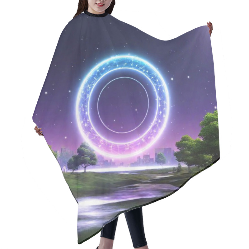 Personality  A Giant, Holographic Portal Suspended Above A Futuristic Park, Shimmering With Magical Energy. Electric Runes Swirl Within The Portal, And The Park's Surroundings Are Dimly Lit By The Holographic Light, Casting Surreal Shadows. Hair Cutting Cape