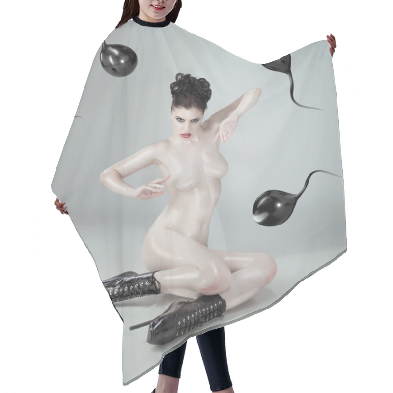 Personality  Woman With Latex Black Balloons Hair Cutting Cape