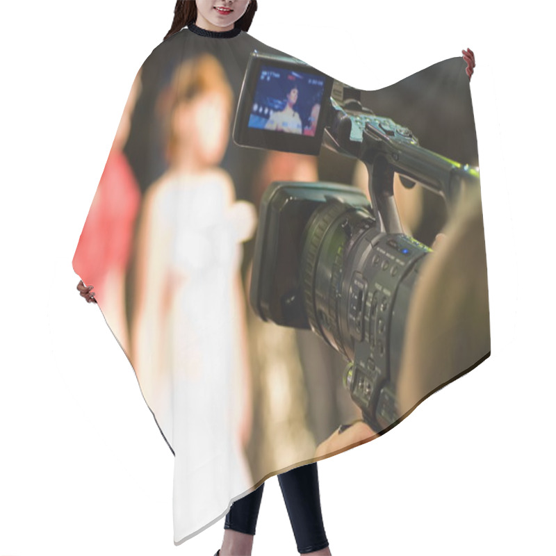 Personality  Cameraman With Digital Video Camera (shallow DoF) Hair Cutting Cape