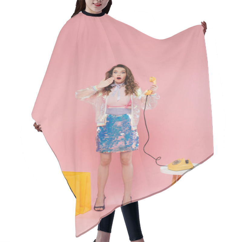 Personality  Shocked Woman Posing Near Shopping Bags, Standing Like A Doll And Holding Retro Handset On Pink Background, Concept Photography, Doll Pose, Stylish Outfit, Housewife Making Phone Call  Hair Cutting Cape