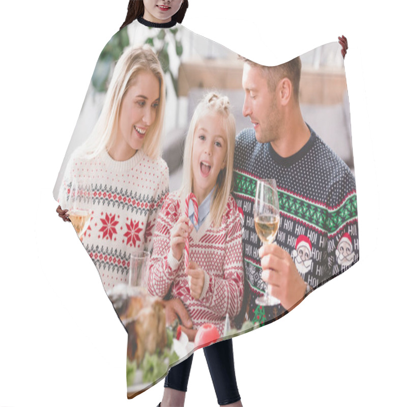 Personality  Smiling Family Members Sitting At Table And Holding Wine Glasses In Christmas  Hair Cutting Cape