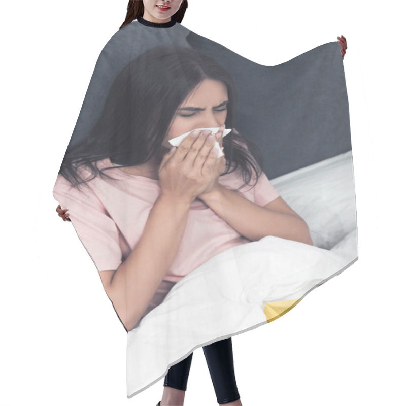 Personality  Sick Young Woman With Box Of Paper Napkins Sneezing While Sitting In Bed Hair Cutting Cape