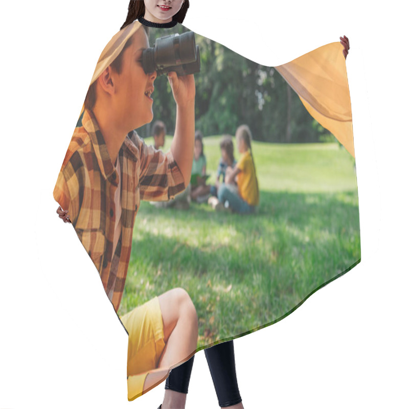 Personality  Selective Focus Of Happy Kid Looking Through Binoculars  Hair Cutting Cape