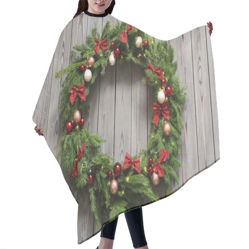 Personality  Beautiful Christmas Wreath With Festive Decor On Wooden Background, Top View Hair Cutting Cape