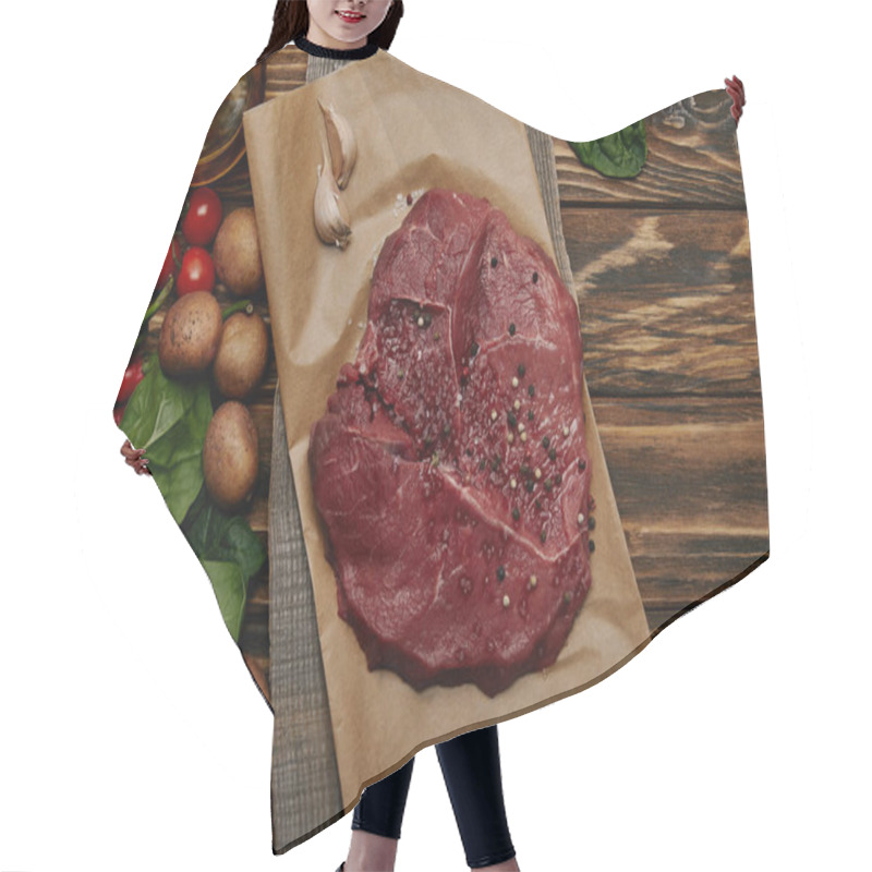 Personality  Flat Lay With Fresh Raw Meat On Baking Paper With Vegetables And Spinach On Wooden Background Hair Cutting Cape