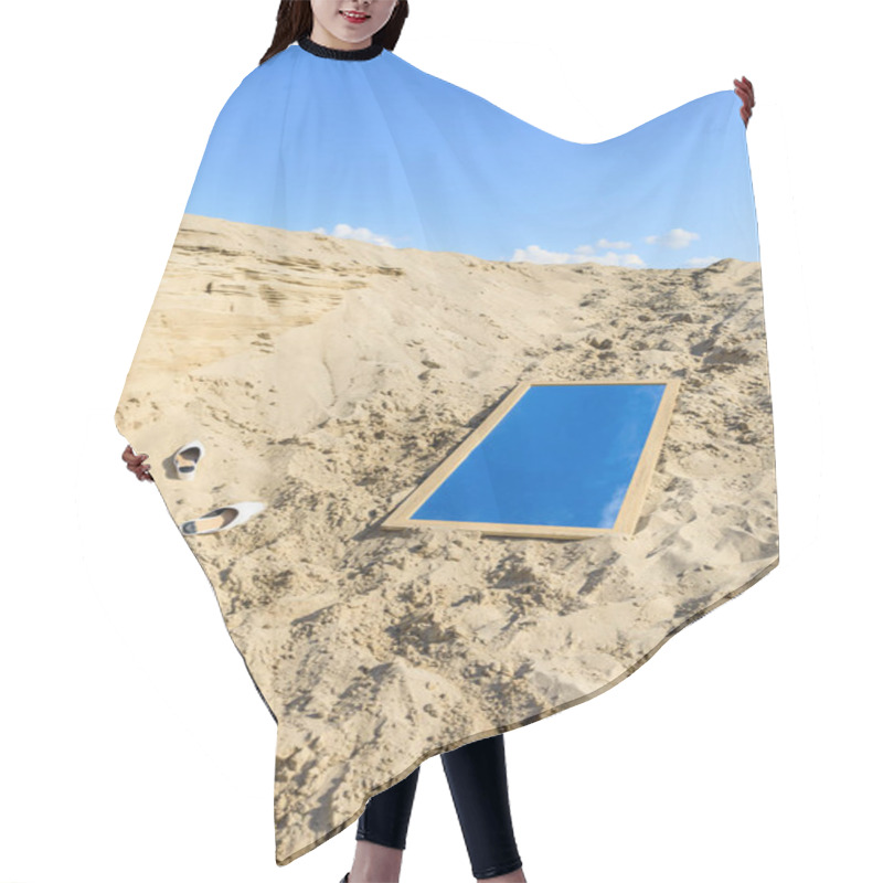 Personality  Sand Dune With Stylish Shoes And Mirror With Reflection Of Blue Sky Hair Cutting Cape