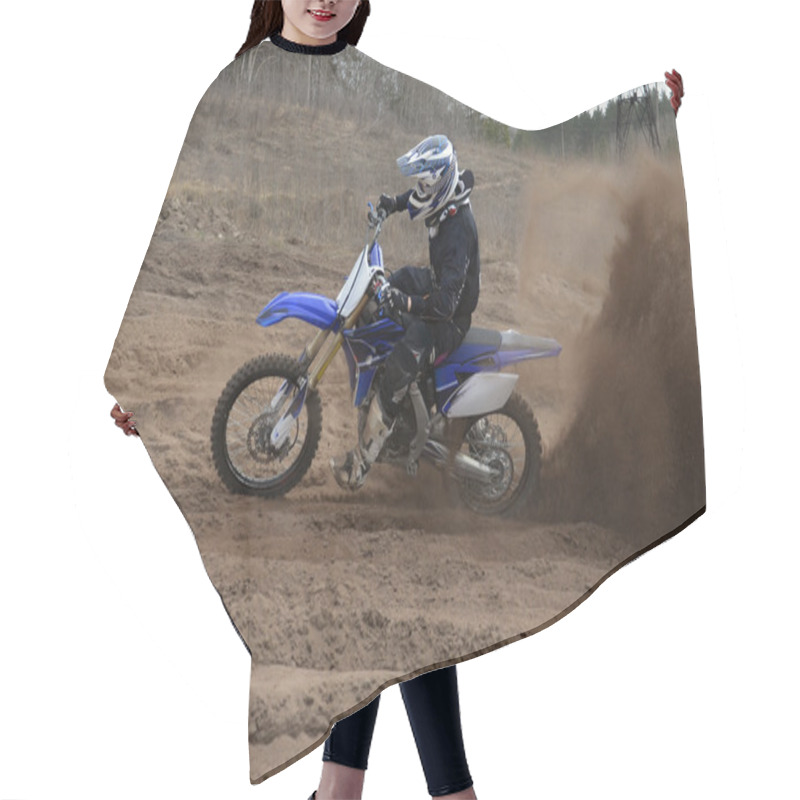 Personality  Rider On The Motorcycle Accelerated Along A Sandy The Track Hair Cutting Cape