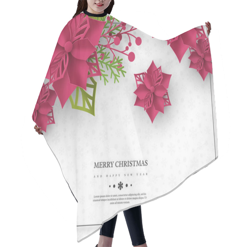 Personality  Christmas Holiday Banner. 3d Paper Cut Style Poinsettia With Leaves. White Background With Frame And Greeting Text, Vector Illustration Hair Cutting Cape