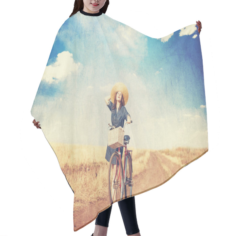 Personality  Brunette Girl  With Bycicle On Countryside Road. Hair Cutting Cape