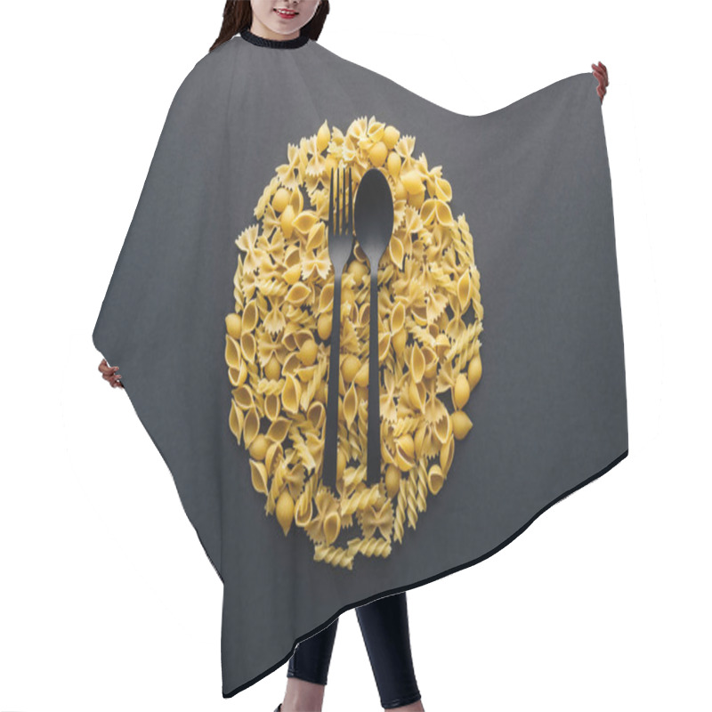 Personality  Top View Of Plate Concept With Plastic Black Fork And Spoon Isolated On Black Hair Cutting Cape