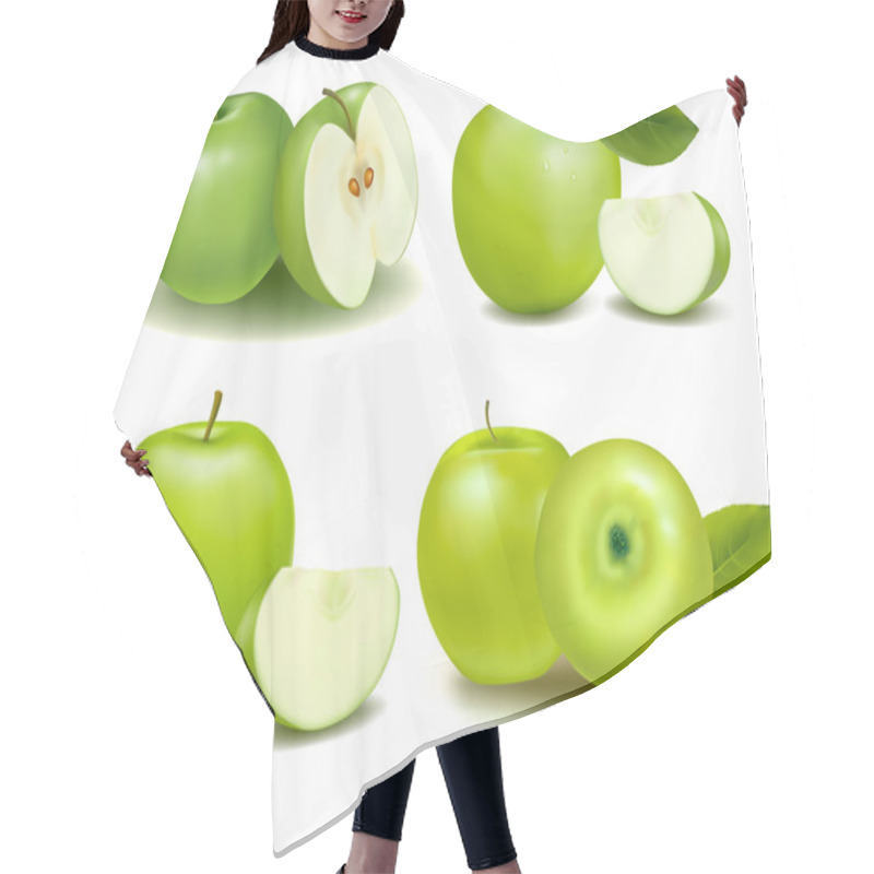 Personality  Set Of Green Apple Fruits With Cut And Green Leaves. Vector Hair Cutting Cape