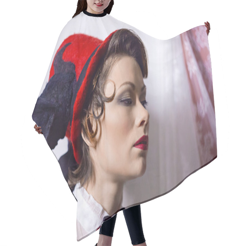 Personality  Young Beautiful Dark-haired Woman In A Felt Hat, Long Black Skirt And Red Corset Hair Cutting Cape