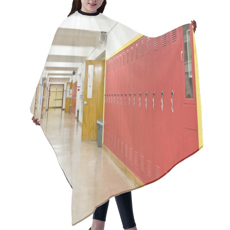 Personality  An Empty Highschool Hallway With Red Lockers On The Right Side Hair Cutting Cape