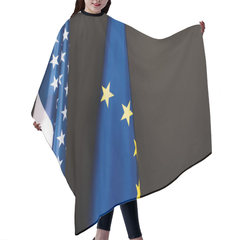 Personality  Blue European Union And American Flags Isolated On Black Hair Cutting Cape