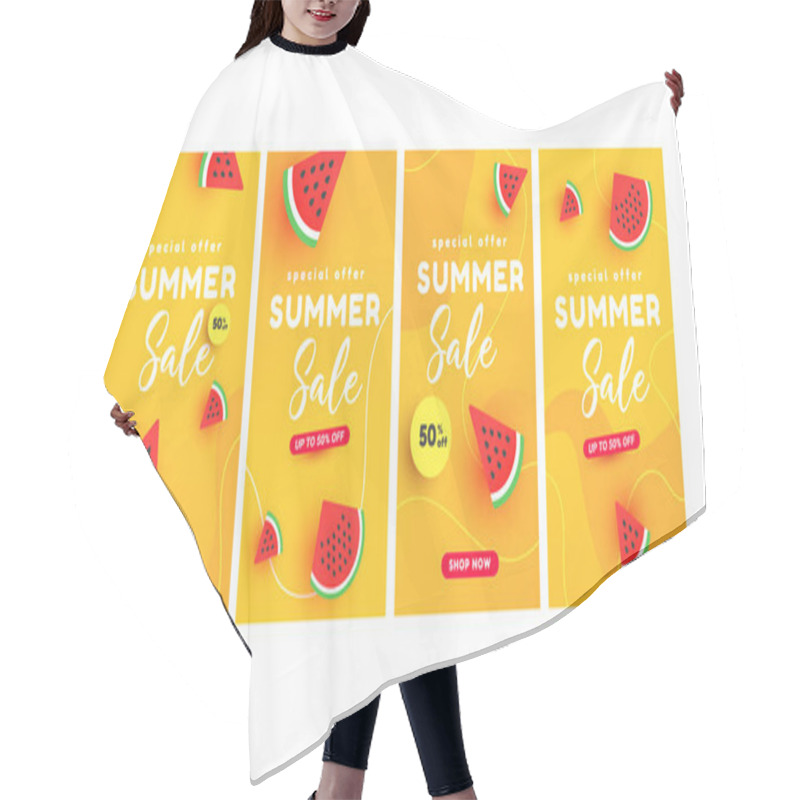 Personality  Summer Sale Banner Stories Concept With Ripe Watermelon Slices Pattern On Yellow Background With Copy Space For Social Media. Colorful Design Templates Hair Cutting Cape