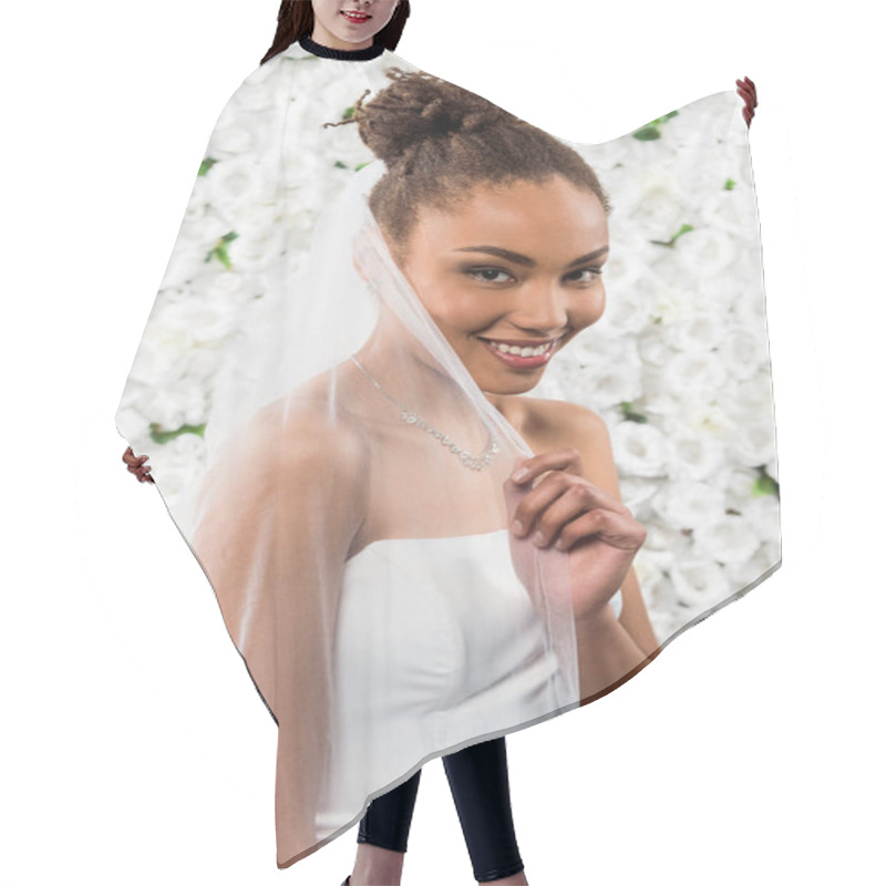 Personality  Happy African American Bride Touching White Veil Near Flowers  Hair Cutting Cape