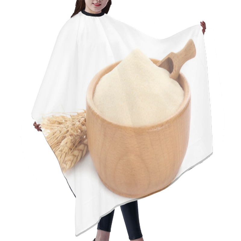 Personality  Semolina And Scoop In Wooden Bowl On White Background Hair Cutting Cape