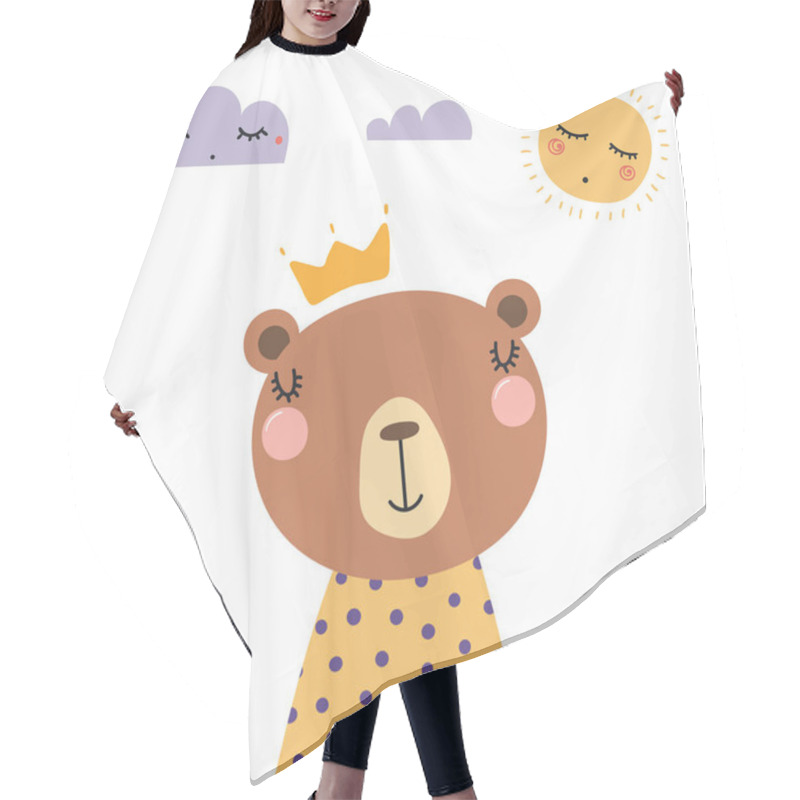 Personality  Hand Drawn Cute Funny Bear In Shirt And Crown, With Sun And Clouds Isolated On White Background Hair Cutting Cape