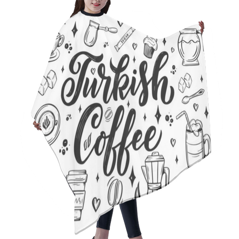 Personality  Hand Lettering Name Of Coffee With Sketch For Coffee Shop Or Cafe. Hand Drawn Vintage Typography Phrase, Isolated On White Background. Vector Hair Cutting Cape