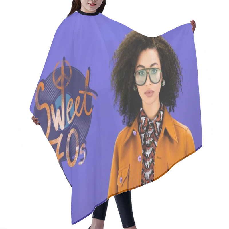 Personality  Stylish African American Woman In Brown Jacket Looking At Camera Isolated On Purple With Sweet 70s Illustration Hair Cutting Cape