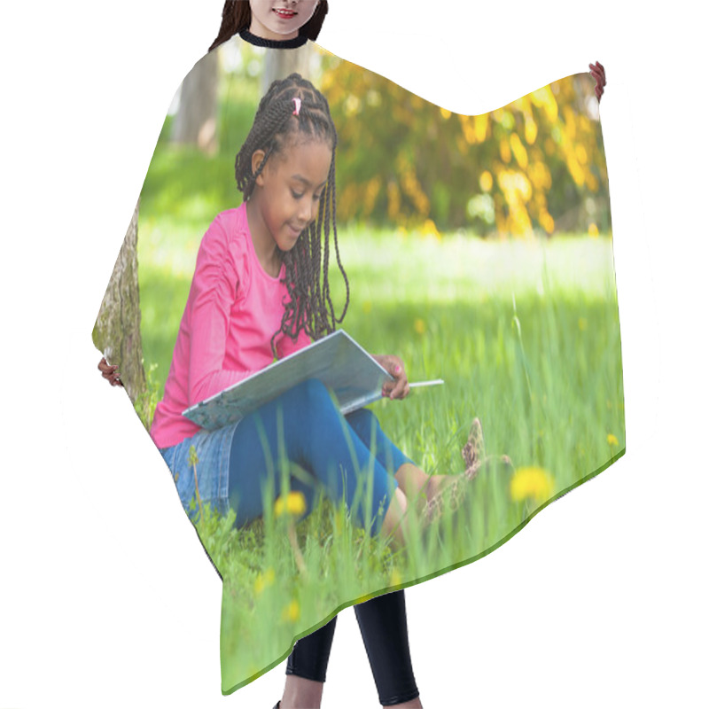 Personality  Outdoor Portrait Of A Cute Young Black Little Girl Reading A Boo Hair Cutting Cape