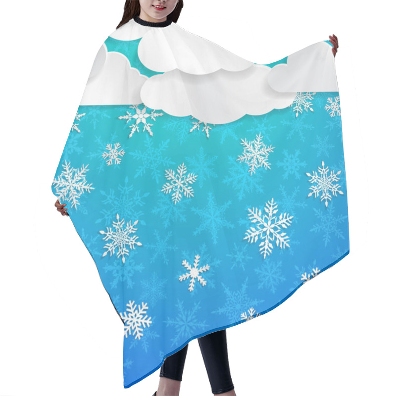 Personality  Christmas Illustration With White Clouds And Snowflakes On Light Blue Background Hair Cutting Cape