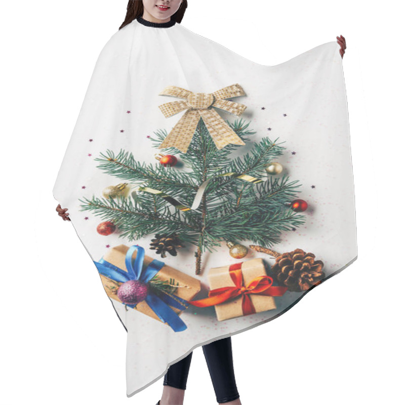 Personality  Top View Of Green Pine Branch Decorated As Festive Christmas Tree With Gifts And Bow On White Background Hair Cutting Cape