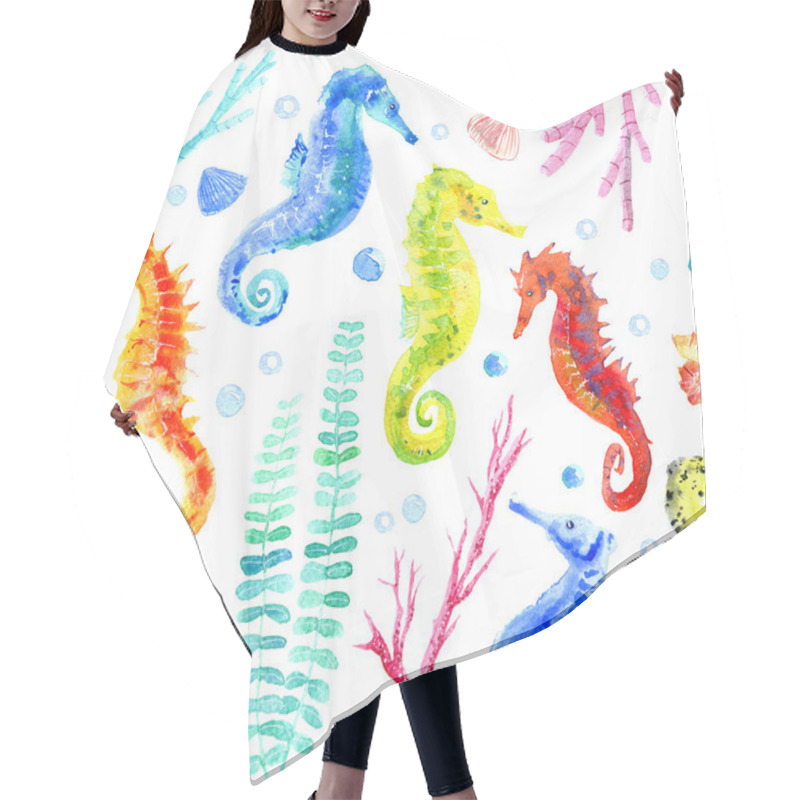 Personality  Seahorse, Shell, Starfish, Seaweed, Coral And Bubbles Seamless Pattern. Hair Cutting Cape