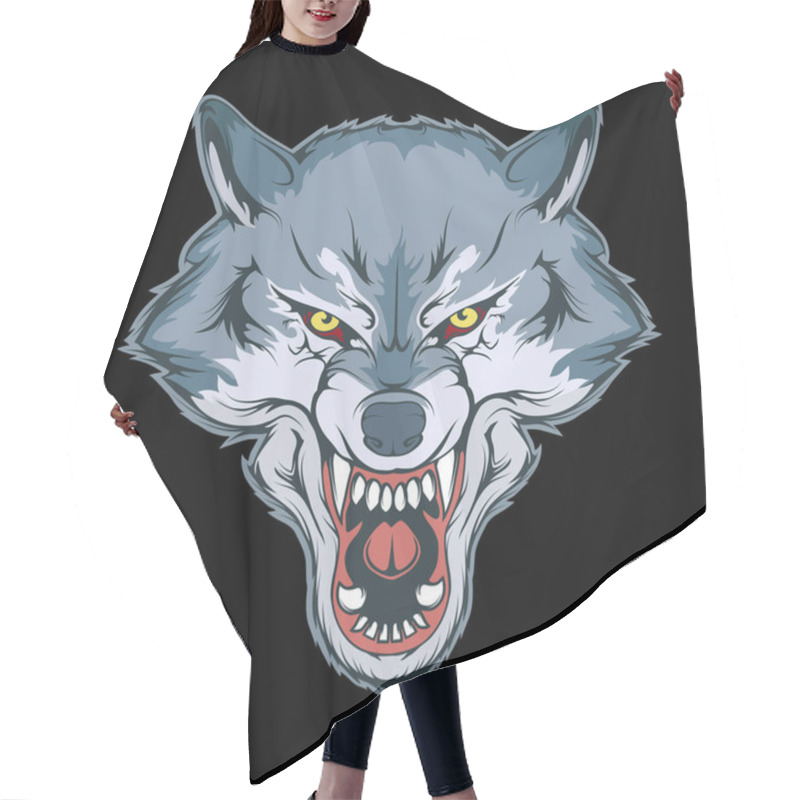 Personality  Vector Illustration Of A Wolf. Angry Animal For Tattoo Or T-shirt Print. Predator Illustration For A Sport Team. Vector Character. Sketch For Mascot, Logo Or Symbol. Wolf On Black Background. Hair Cutting Cape