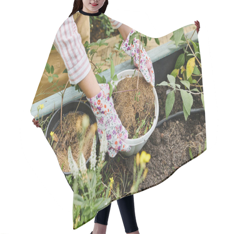 Personality  Cropped View Of Mature Woman With Gloves Taking Care Of Her Growing Vegetables In Her Garden Hair Cutting Cape