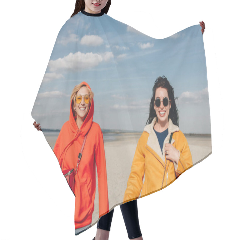 Personality  Happy Girls Walking On Sandy Beach, Saint Michaels Mount, Normandy, France Hair Cutting Cape