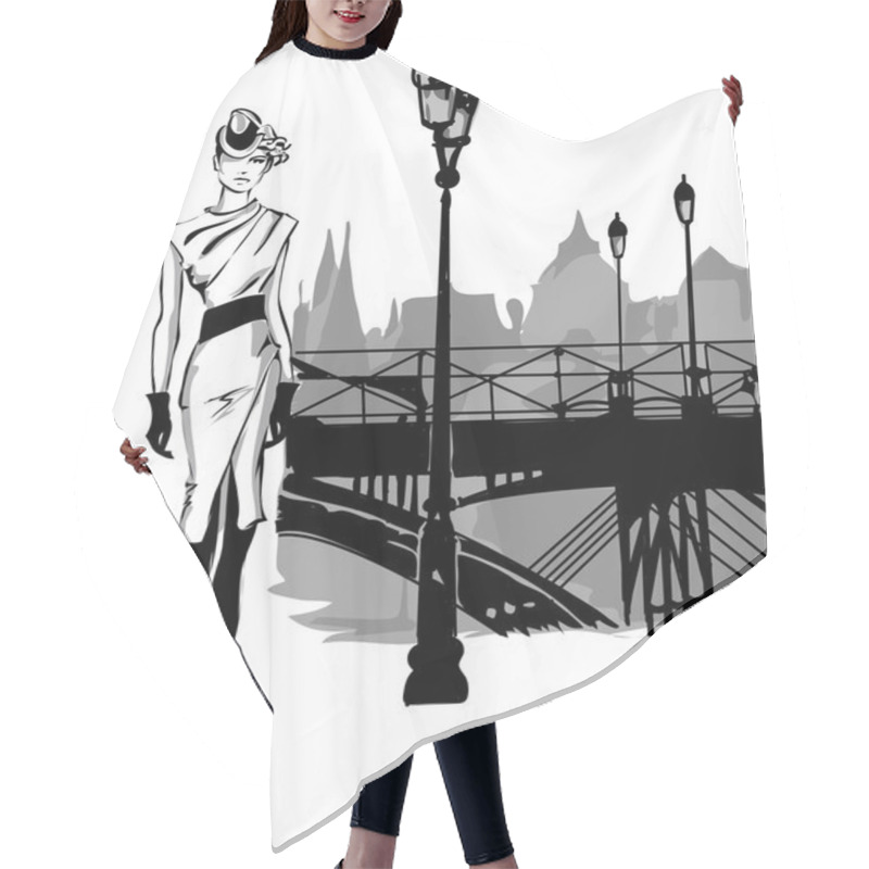 Personality  Fashion Models In Sketch Style Fall Winter With Paris City Background Hair Cutting Cape